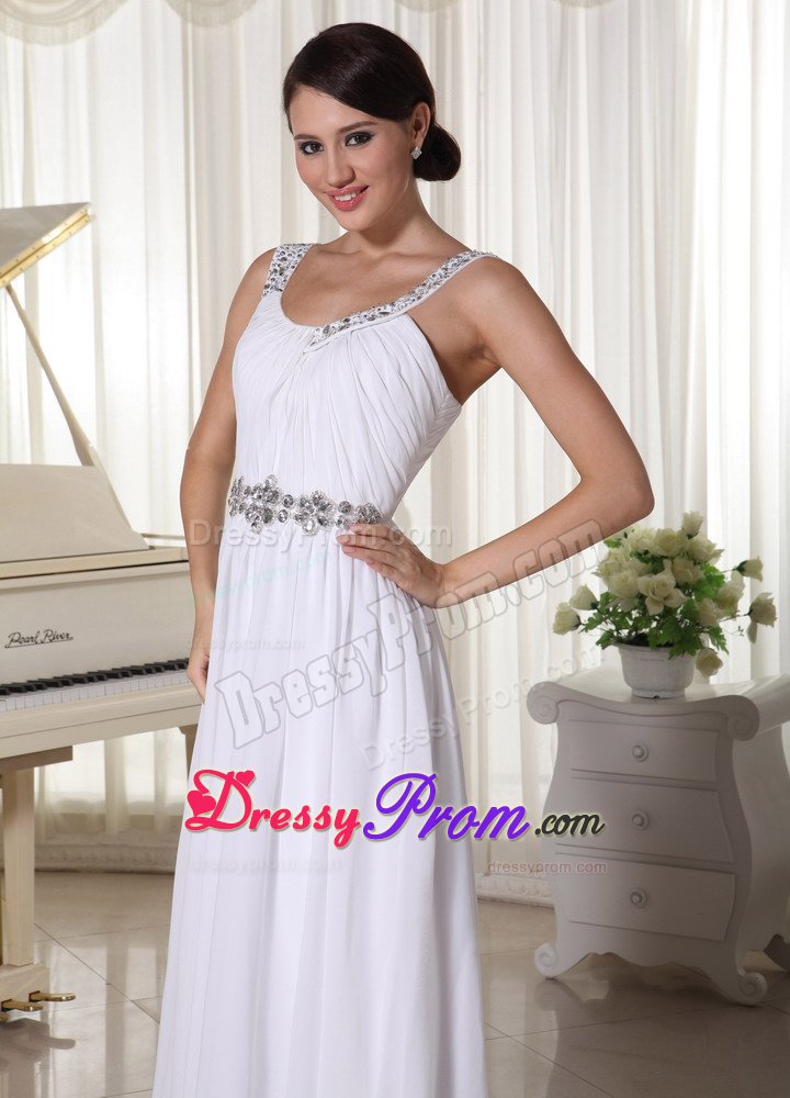 Beaded Straps and Waist White Chiffon Long Prom Pageant Dresses