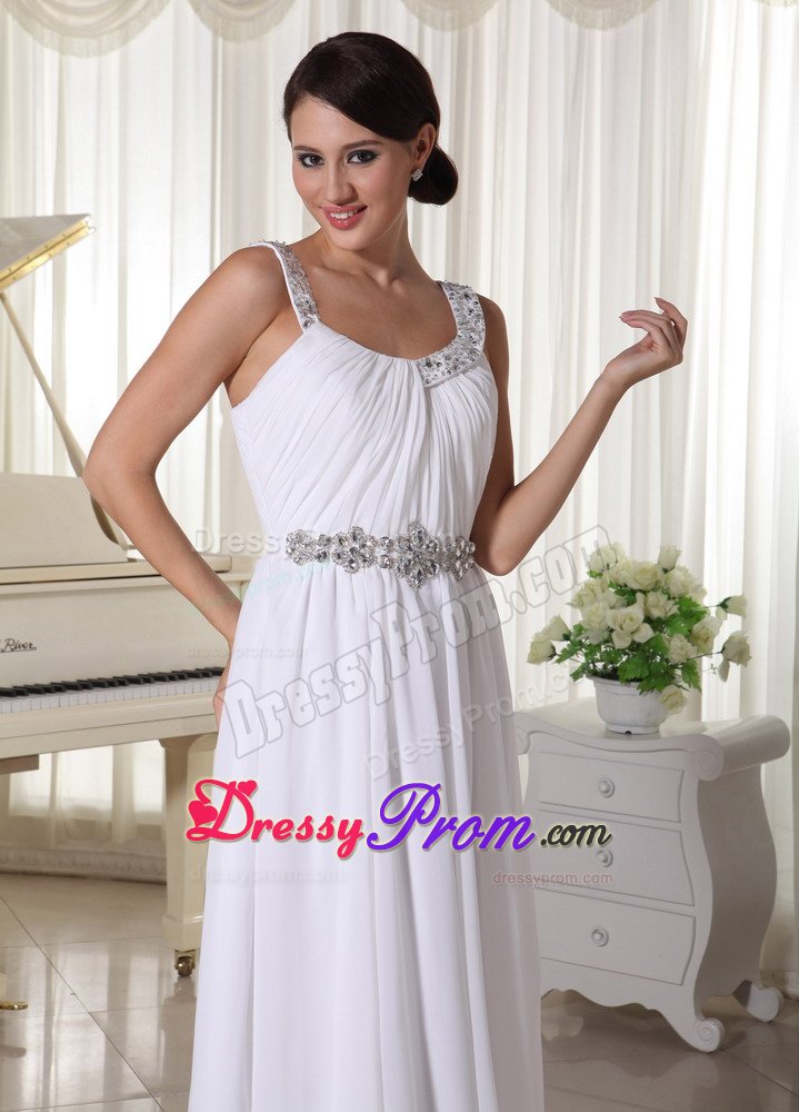 Beaded Straps and Waist White Chiffon Long Prom Pageant Dresses