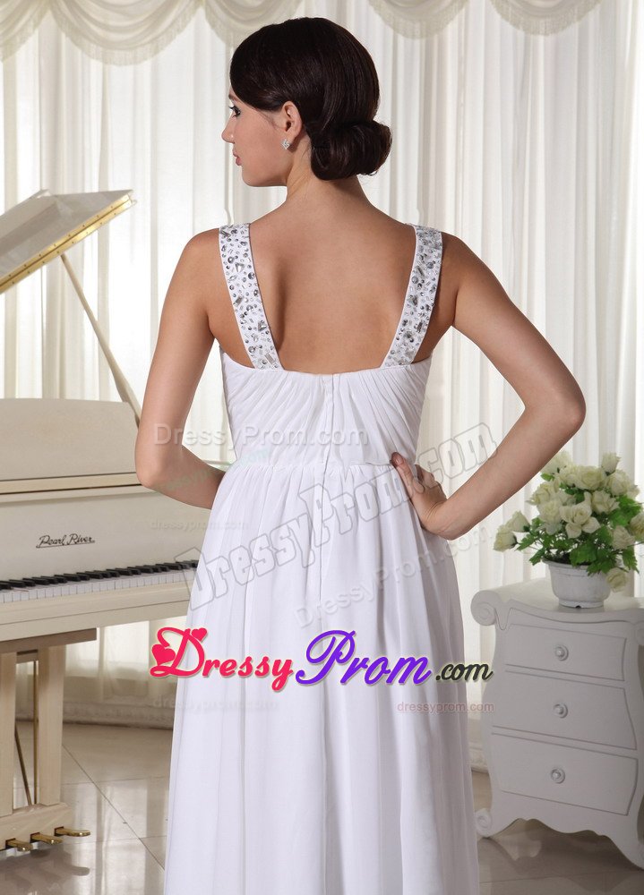 Beaded Straps and Waist White Chiffon Long Prom Pageant Dresses