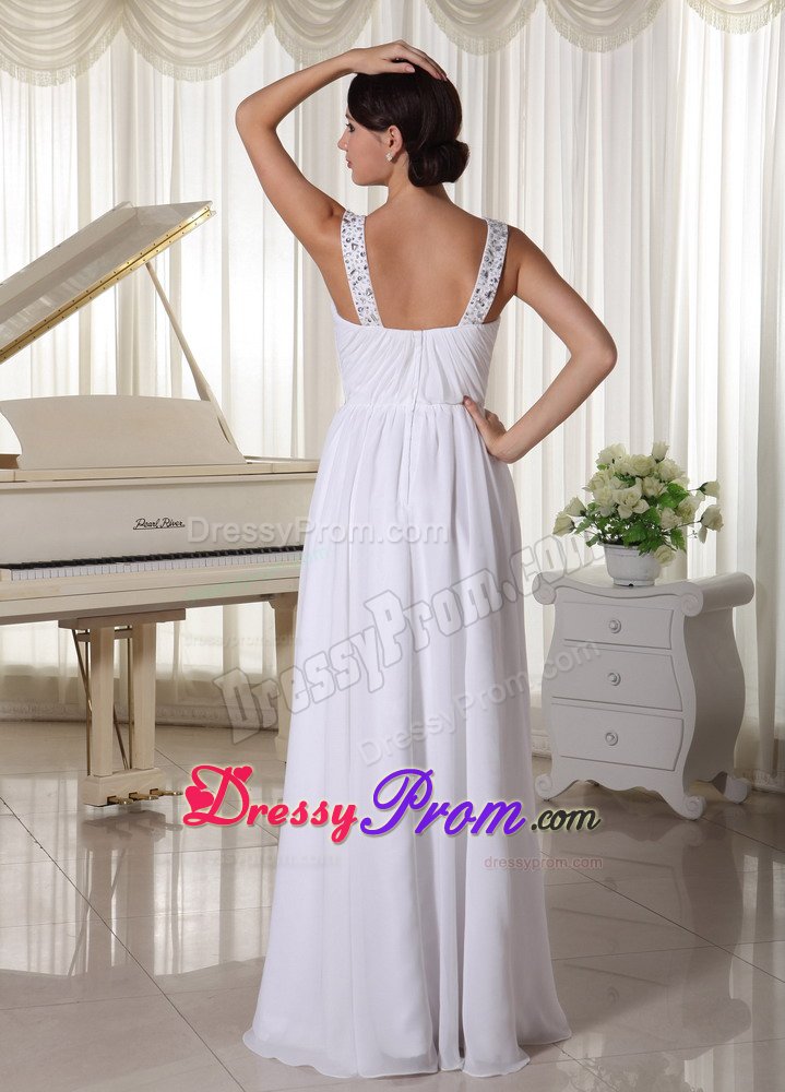Beaded Straps and Waist White Chiffon Long Prom Pageant Dresses