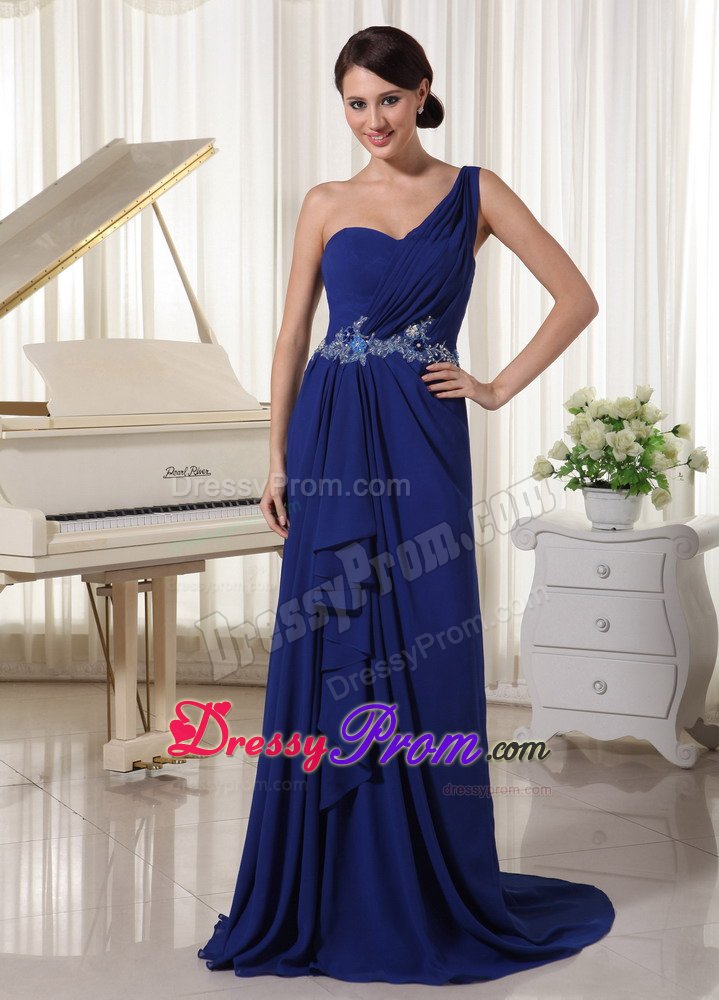 Appliques Accent One Shoulder Royal Blue Prom Pageant Dresses
