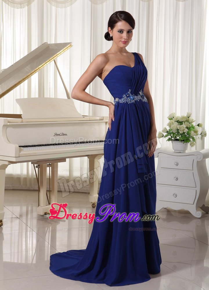 Appliques Accent One Shoulder Royal Blue Prom Pageant Dresses
