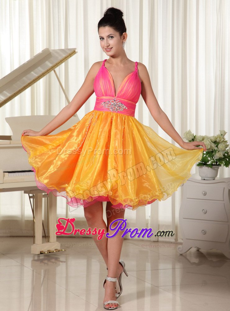 Straps Beading Ruches Prom Pageant Dress in Hot Pink and Orange