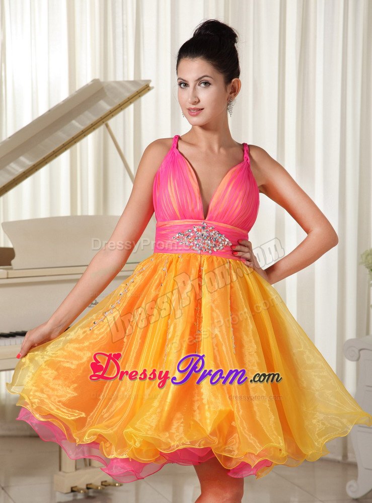 Straps Beading Ruches Prom Pageant Dress in Hot Pink and Orange