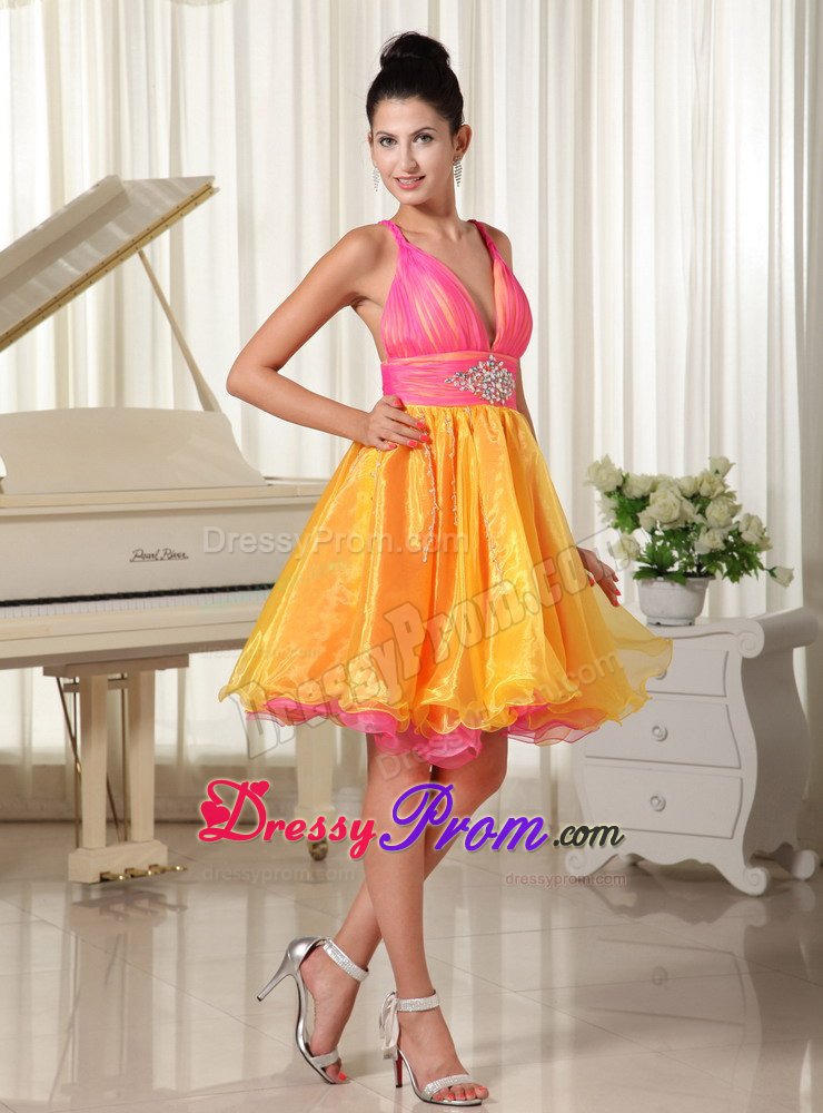 Straps Beading Ruches Prom Pageant Dress in Hot Pink and Orange