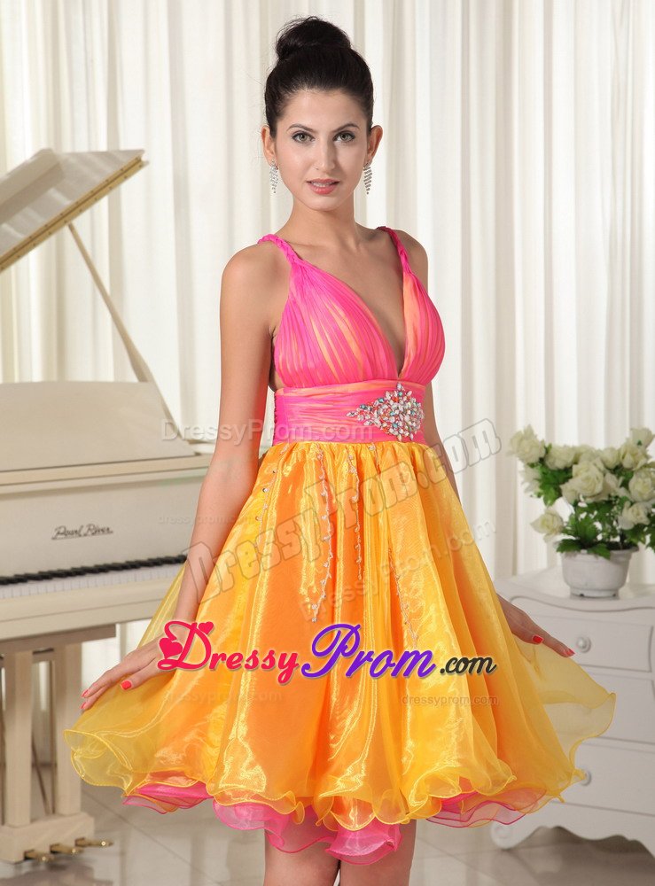Straps Beading Ruches Prom Pageant Dress in Hot Pink and Orange