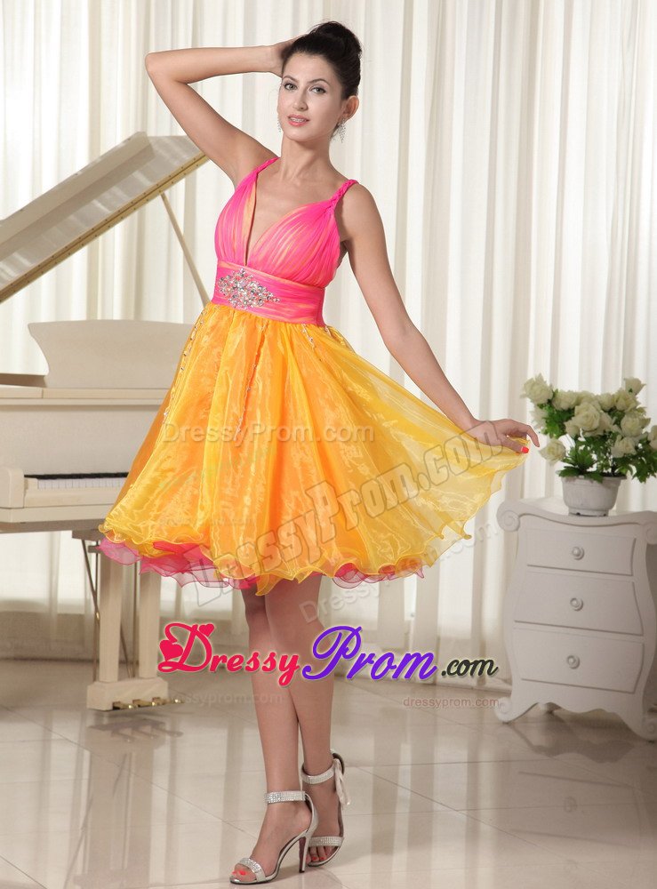 Straps Beading Ruches Prom Pageant Dress in Hot Pink and Orange
