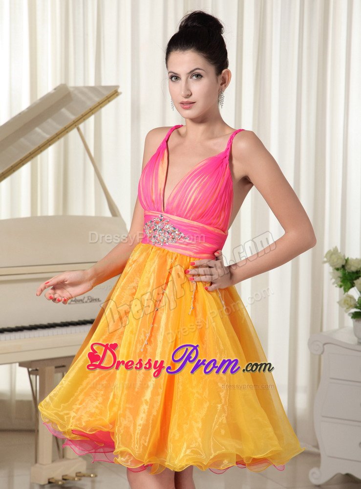Straps Beading Ruches Prom Pageant Dress in Hot Pink and Orange