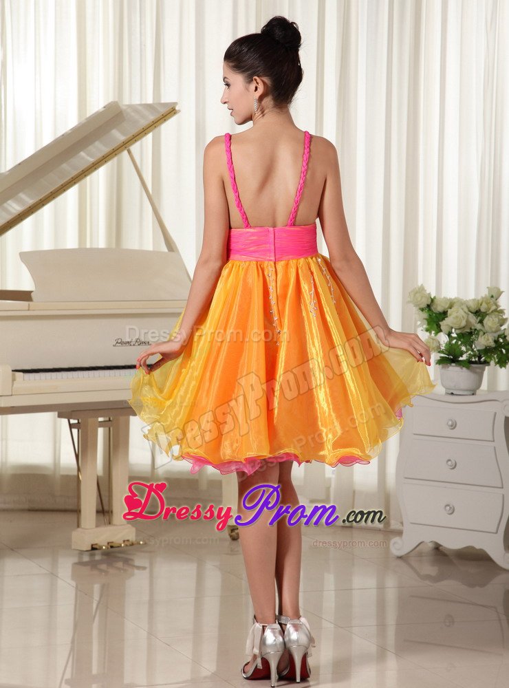 Straps Beading Ruches Prom Pageant Dress in Hot Pink and Orange
