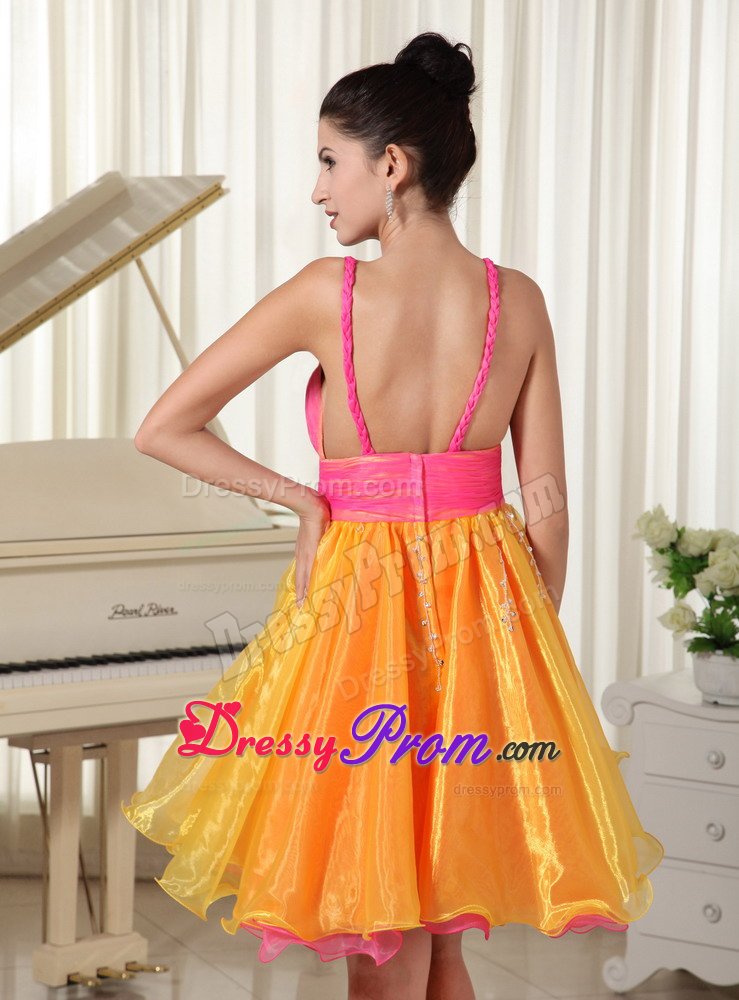 Straps Beading Ruches Prom Pageant Dress in Hot Pink and Orange