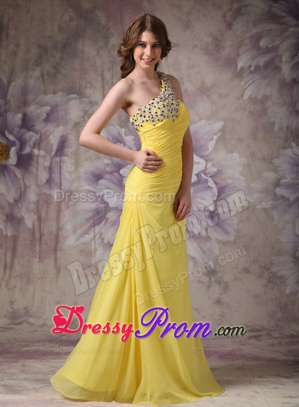 Beading Yellow One Shoulder Prom Dama Dresses for Quinceanera Dress