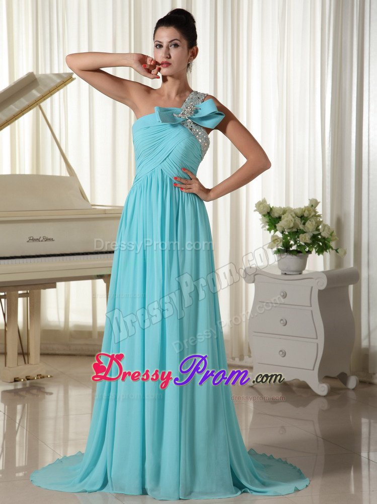Beaded One Shoulder Aqua Blue Brush Prom Homecoming Dresses 2014
