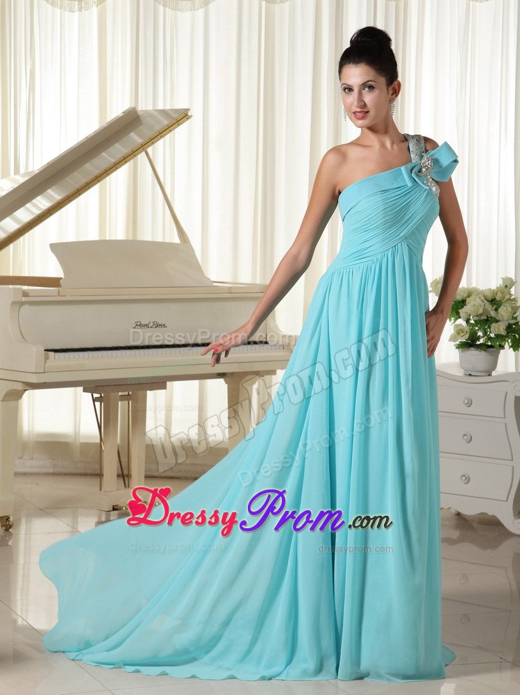 Beaded One Shoulder Aqua Blue Brush Prom Homecoming Dresses 2014