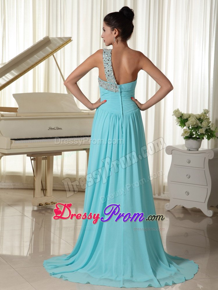 Beaded One Shoulder Aqua Blue Brush Prom Homecoming Dresses 2014