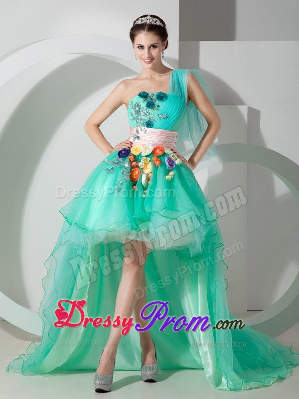 Mint Green One Shoulder High-low Appliqued Prom Homecoming Dress
