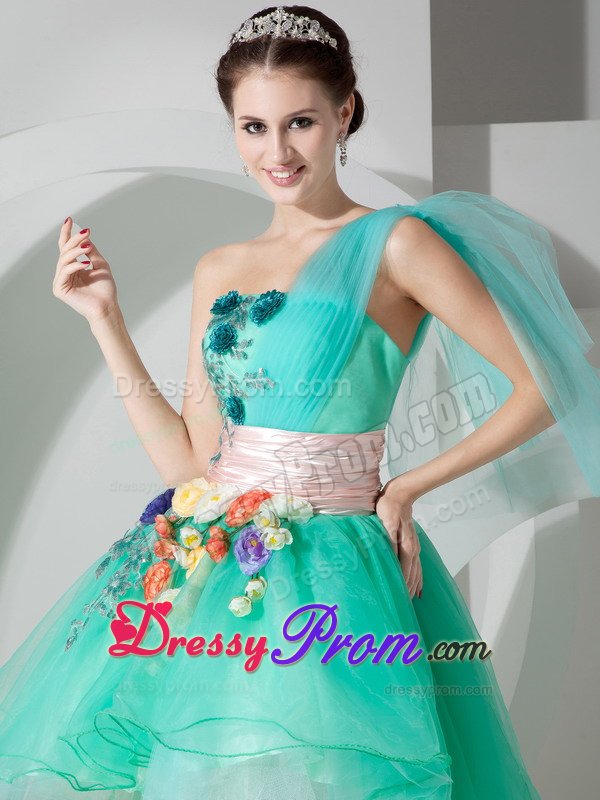 Mint Green One Shoulder High-low Appliqued Prom Homecoming Dress