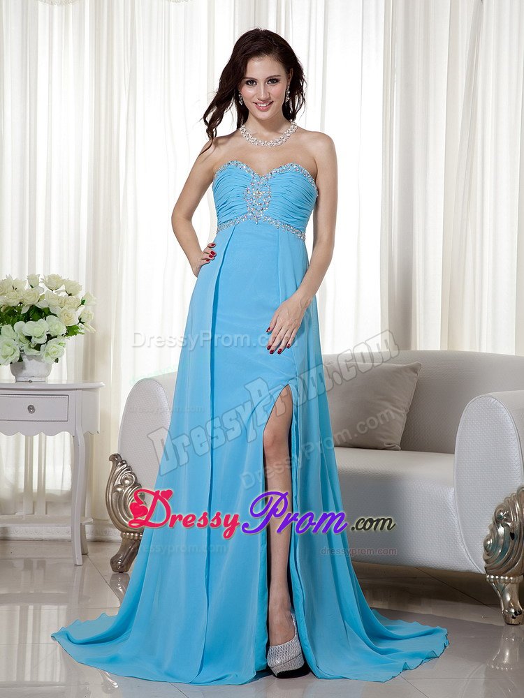Beading Ruches High Slit Brush Train Prom Dresses in Baby Blue