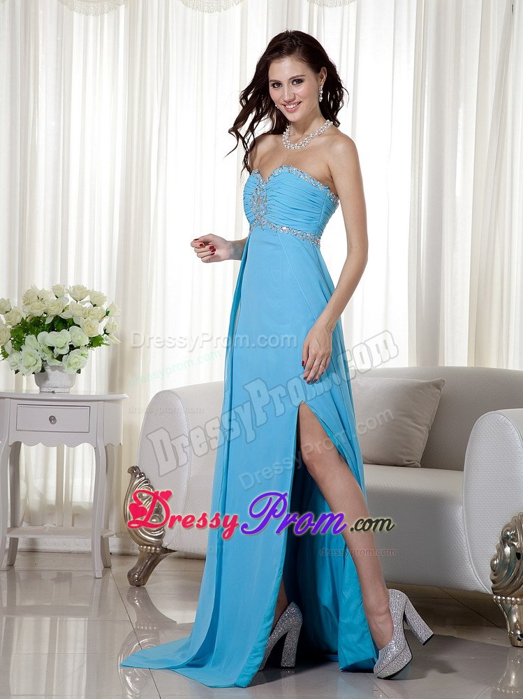 Beading Ruches High Slit Brush Train Prom Dresses in Baby Blue