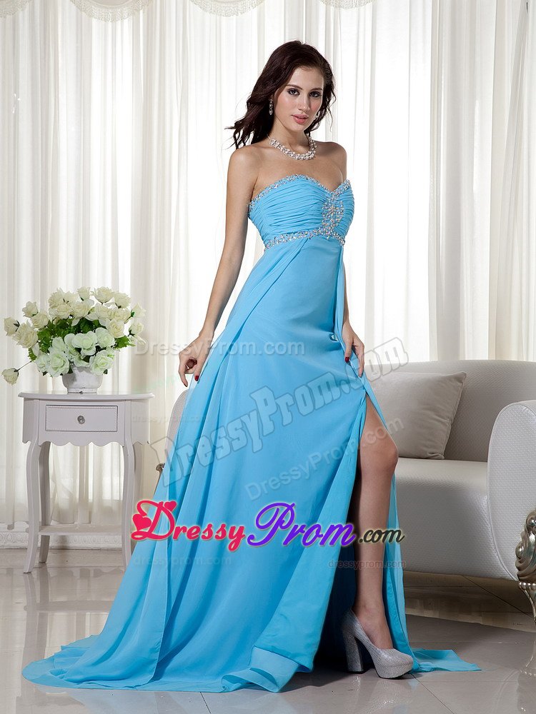 Beading Ruches High Slit Brush Train Prom Dresses in Baby Blue