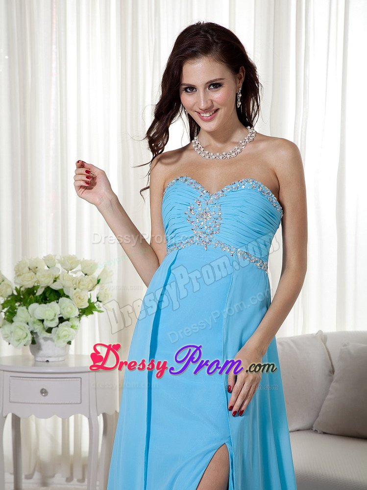 Beading Ruches High Slit Brush Train Prom Dresses in Baby Blue