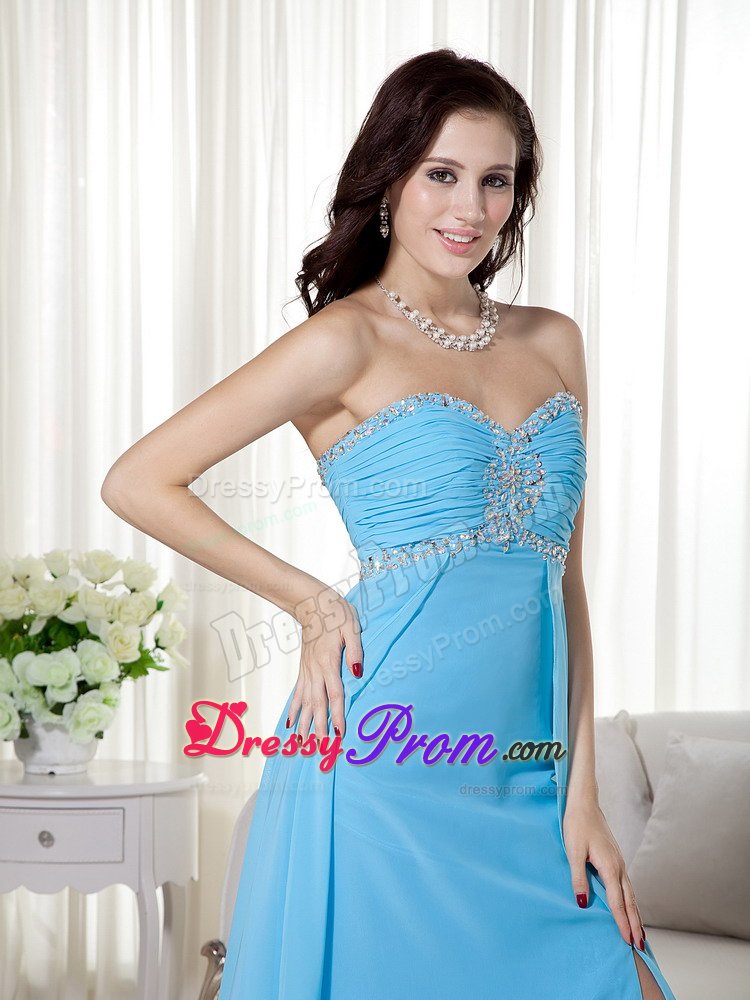 Beading Ruches High Slit Brush Train Prom Dresses in Baby Blue