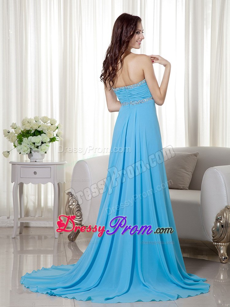 Beading Ruches High Slit Brush Train Prom Dresses in Baby Blue