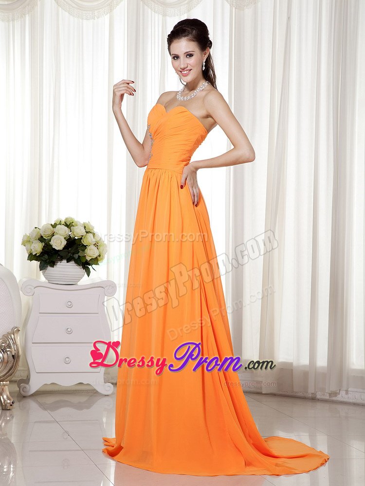 Ruches Beading Accent Orange Brush Train Prom Homecoming Dresses