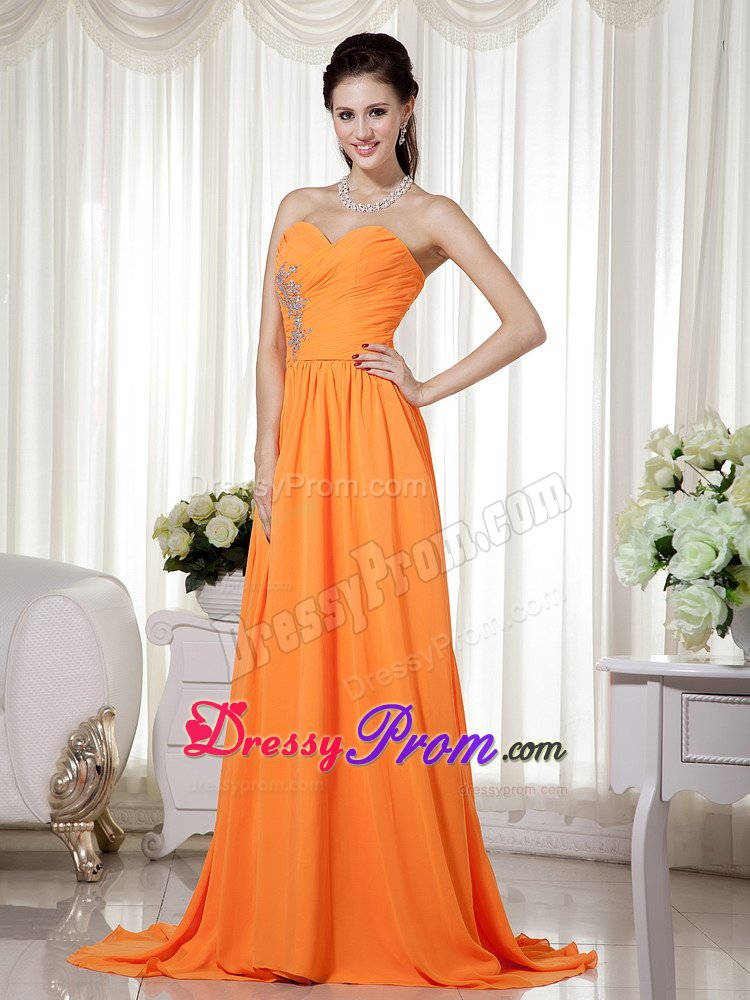 Ruches Beading Accent Orange Brush Train Prom Homecoming Dresses