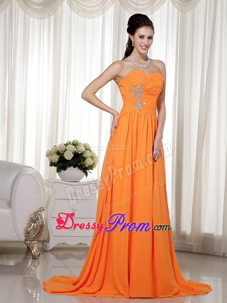 Ruches Beading Accent Orange Brush Train Prom Homecoming Dresses