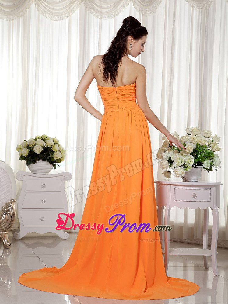 Ruches Beading Accent Orange Brush Train Prom Homecoming Dresses