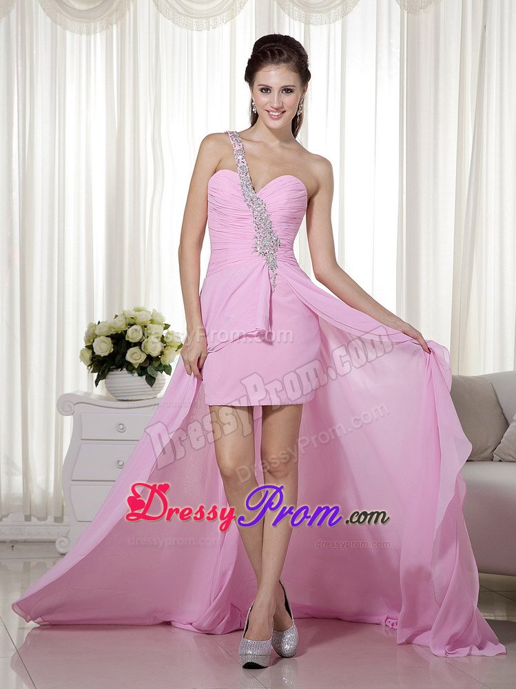 One Shoulder High-low Beading Ruches Pink Prom Homecoming Dress