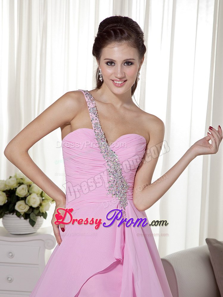 One Shoulder High-low Beading Ruches Pink Prom Homecoming Dress