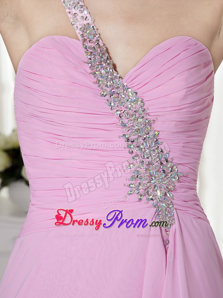 One Shoulder High-low Beading Ruches Pink Prom Homecoming Dress