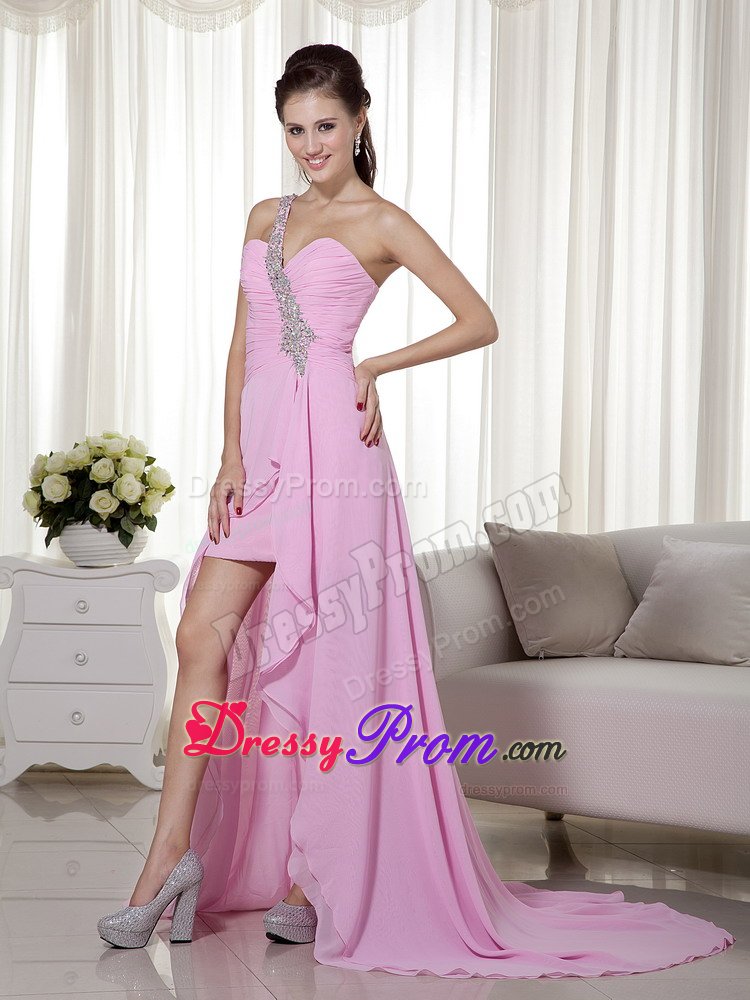 One Shoulder High-low Beading Ruches Pink Prom Homecoming Dress