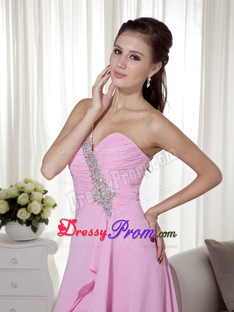 One Shoulder High-low Beading Ruches Pink Prom Homecoming Dress
