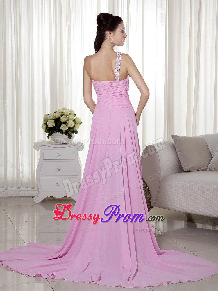 One Shoulder High-low Beading Ruches Pink Prom Homecoming Dress