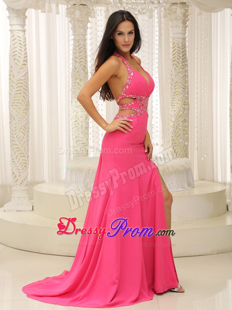 Halter Beading Cutout Straps Prom Homecoming Dress in Hot Pink