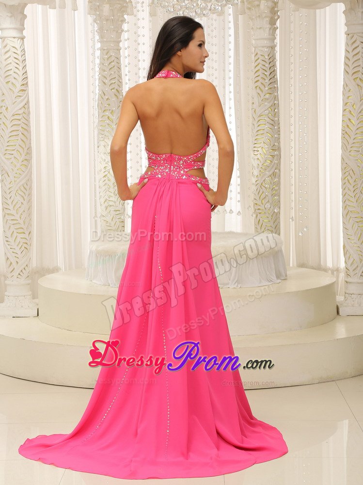 Halter Beading Cutout Straps Prom Homecoming Dress in Hot Pink