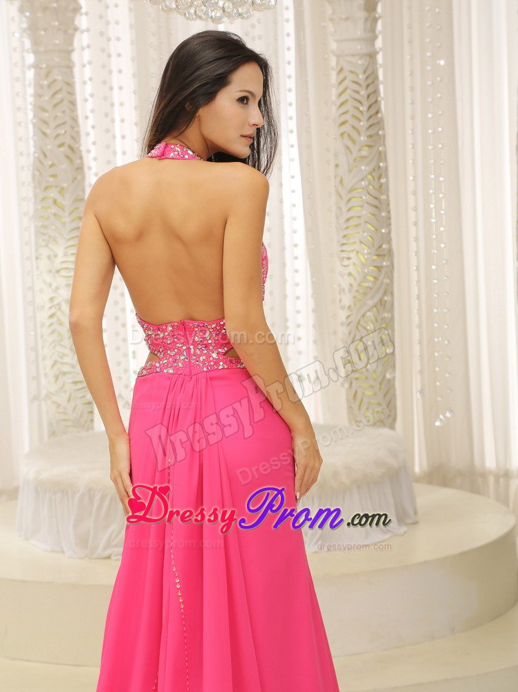 Halter Beading Cutout Straps Prom Homecoming Dress in Hot Pink