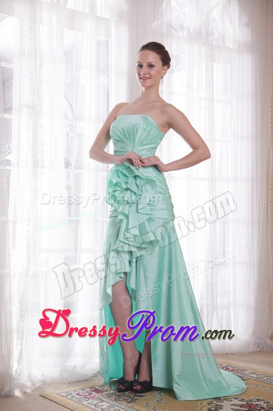 Ruches and Flowers Accent High-low Prom Celebrity Dress in Apple Green