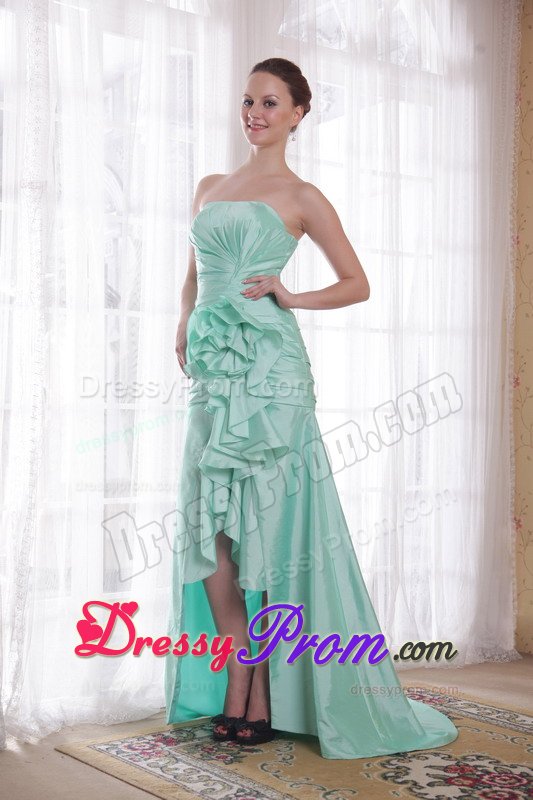 Ruches and Flowers Accent High-low Prom Celebrity Dress in Apple Green