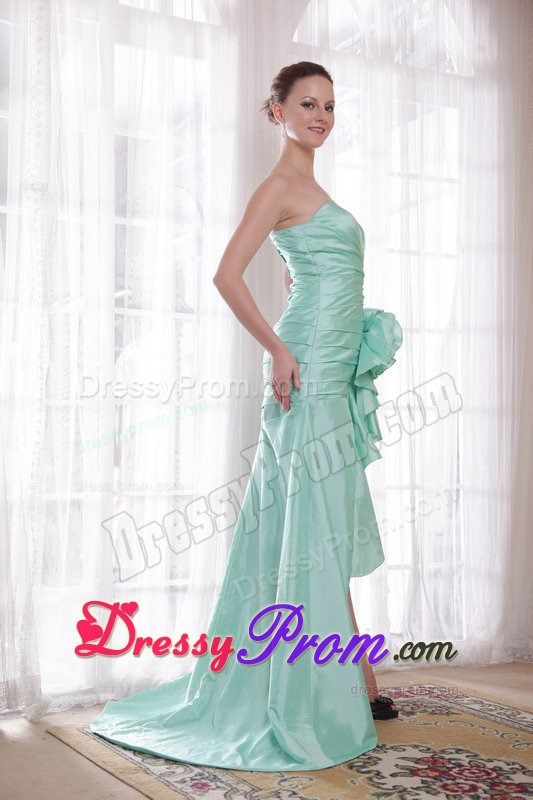 Ruches and Flowers Accent High-low Prom Celebrity Dress in Apple Green