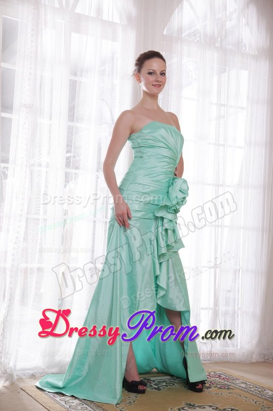 Ruches and Flowers Accent High-low Prom Celebrity Dress in Apple Green