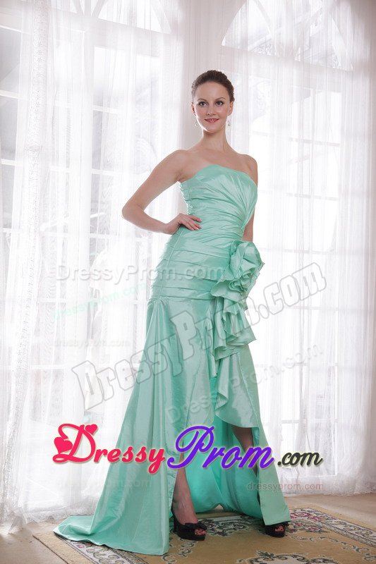Ruches and Flowers Accent High-low Prom Celebrity Dress in Apple Green
