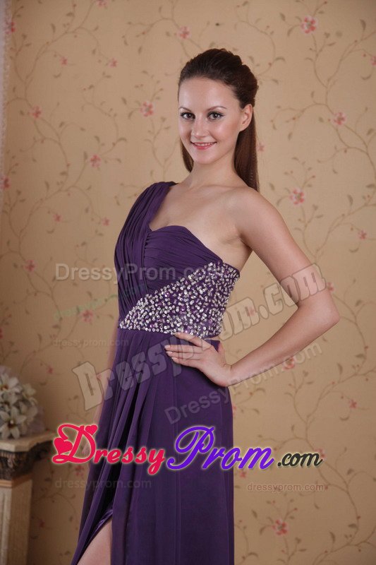 Plus Size One Shoulder Beaded Purple Prom Celebrity Dress