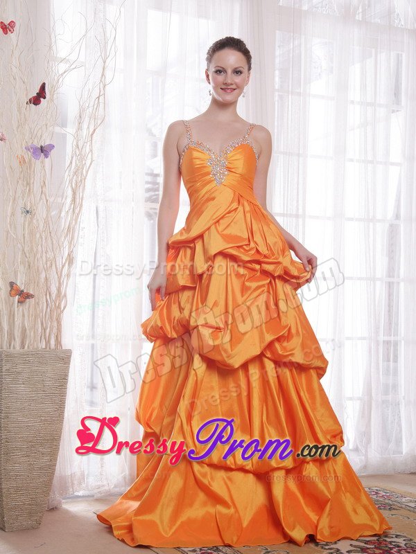 Spaghetti Straps Orange Prom Celebrity Dress with Beading Pick ups