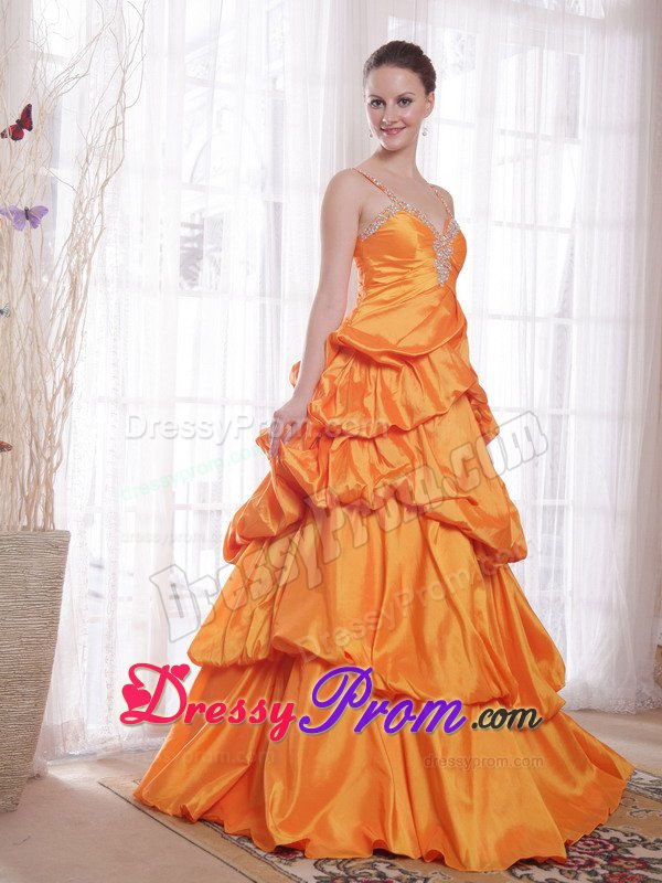 Spaghetti Straps Orange Prom Celebrity Dress with Beading Pick ups