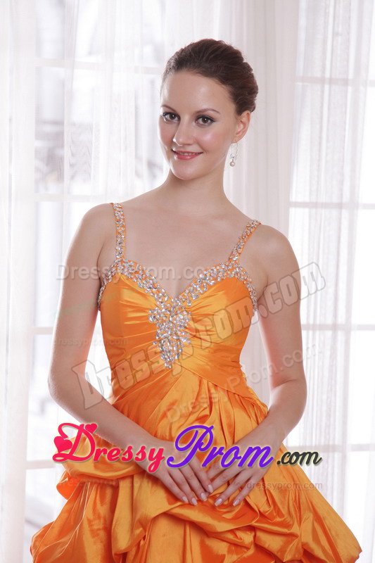 Spaghetti Straps Orange Prom Celebrity Dress with Beading Pick ups