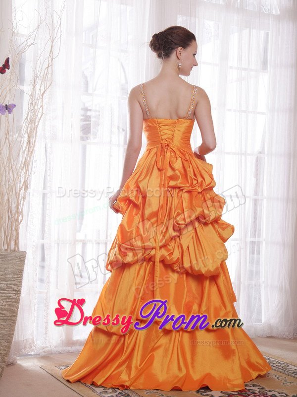 Spaghetti Straps Orange Prom Celebrity Dress with Beading Pick ups