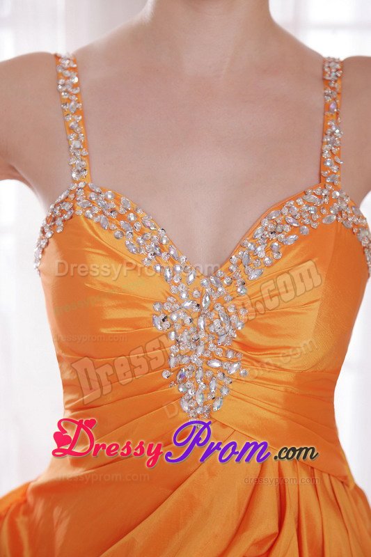 Spaghetti Straps Orange Prom Celebrity Dress with Beading Pick ups